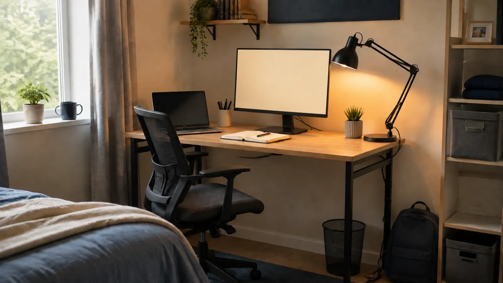 Compact student desk setup with an adjustable chair, monitor, laptop, and task lamp