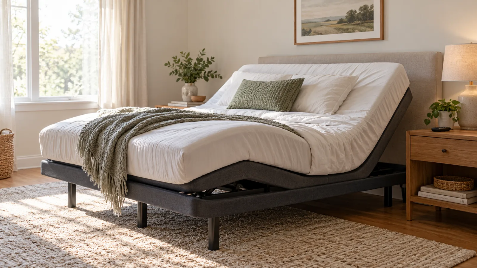 Generic unbranded adjustable bed base with the head and foot sections raised in a neutral bedroom