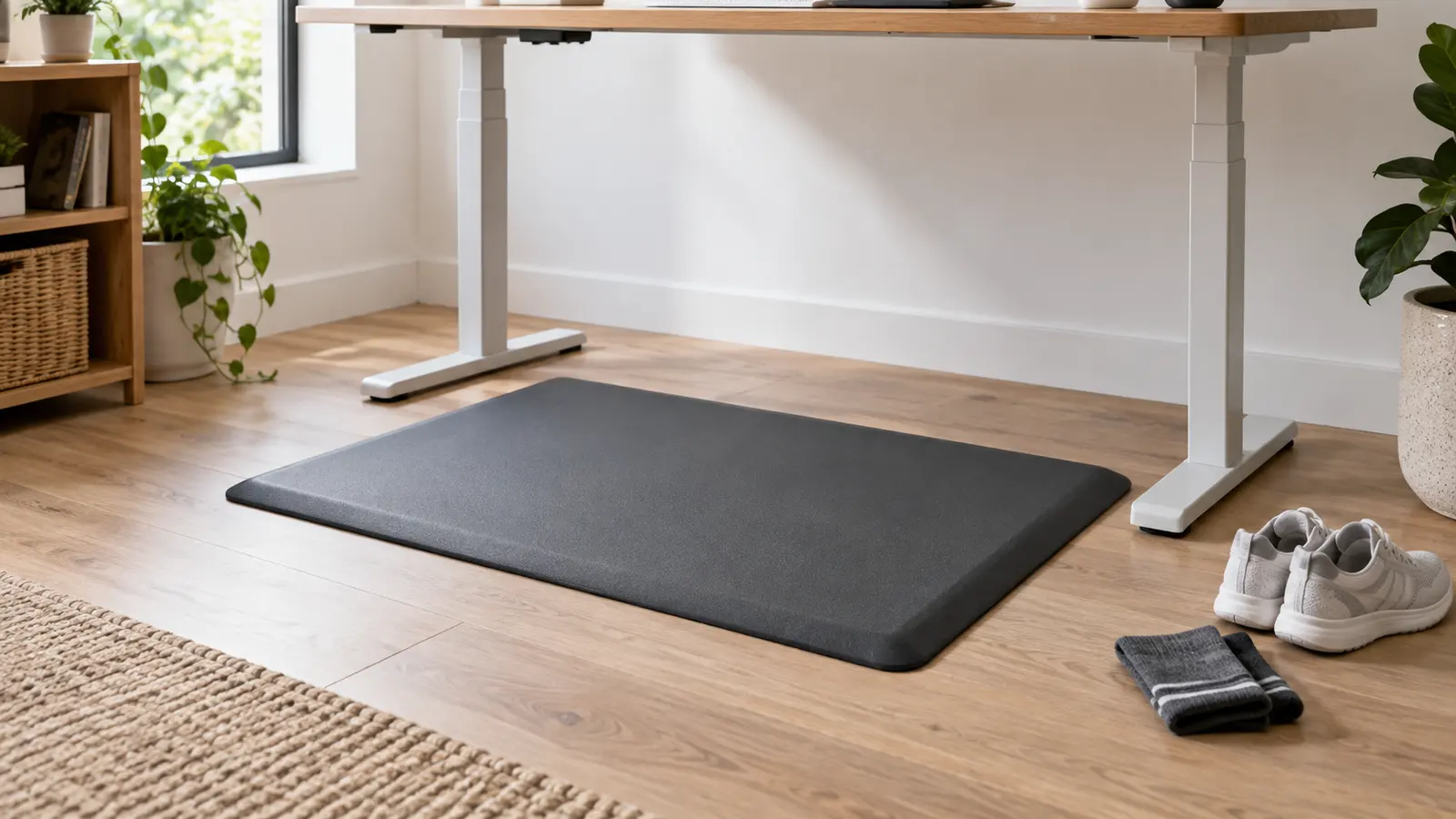 Generic beveled anti-fatigue mat under a standing desk with shoes and folded socks nearby