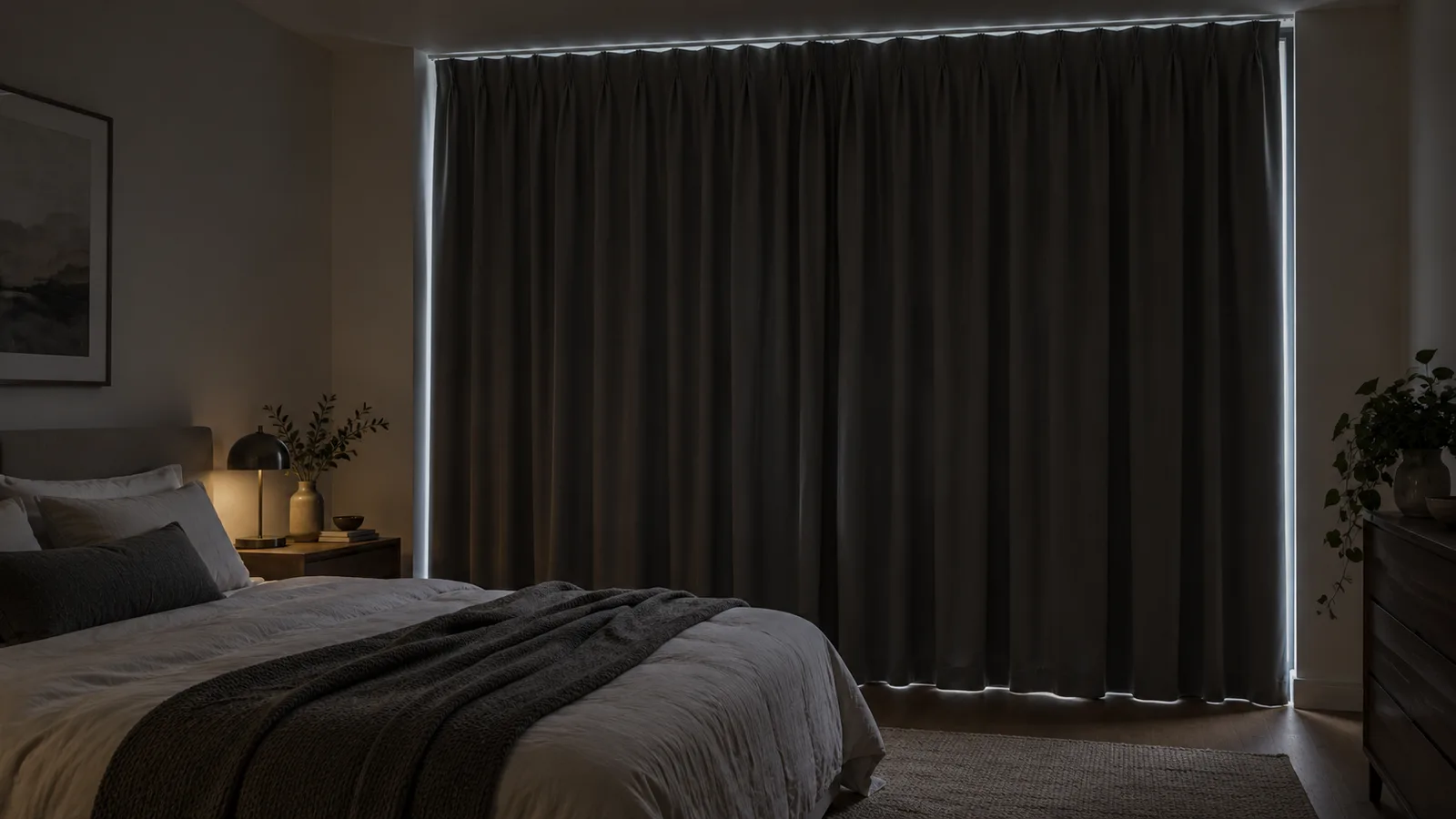 Generic charcoal blackout curtains closed over a bedroom window with daylight visible around the edges