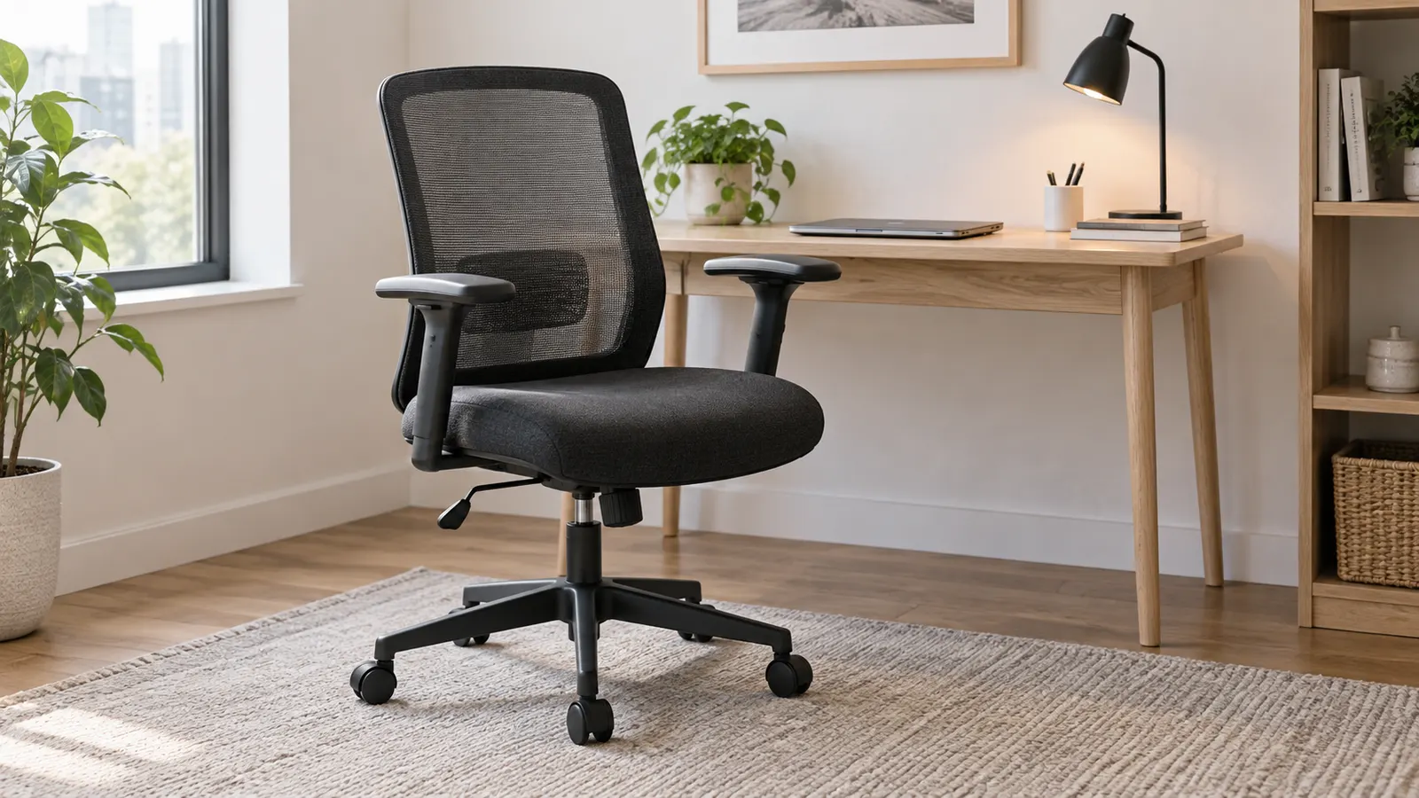 Generic adjustable mesh office chair beside a simple light-wood desk in a bright apartment workspace