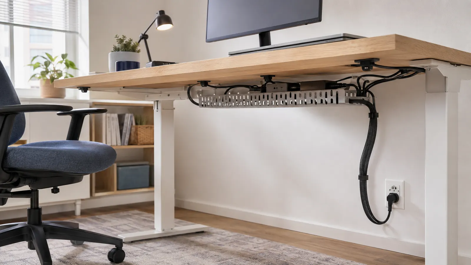 Home-office desk with an under-desk cable tray, cord sleeve, clips, and a clear chair path