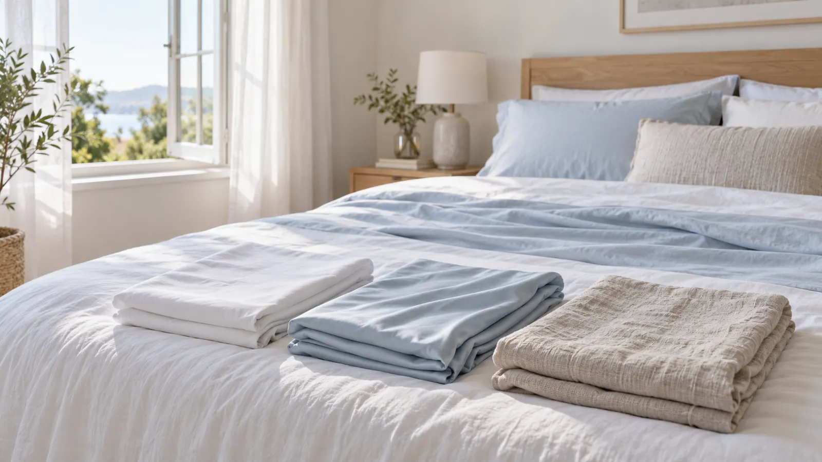 Generic crisp cotton, smooth sateen, and textured linen sheets arranged on an airy bed