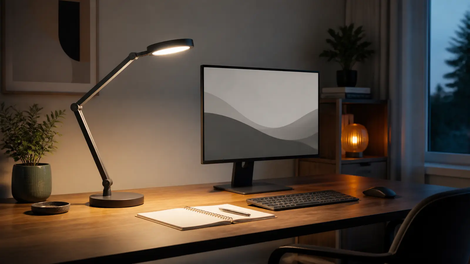 Generic adjustable task lamp lighting a notebook beside a monitor without visible screen glare