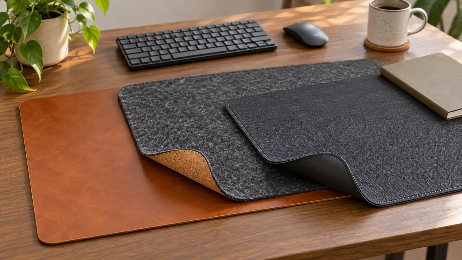 Leather, wool felt, and stitched cloth desk mats arranged on a wood office desk