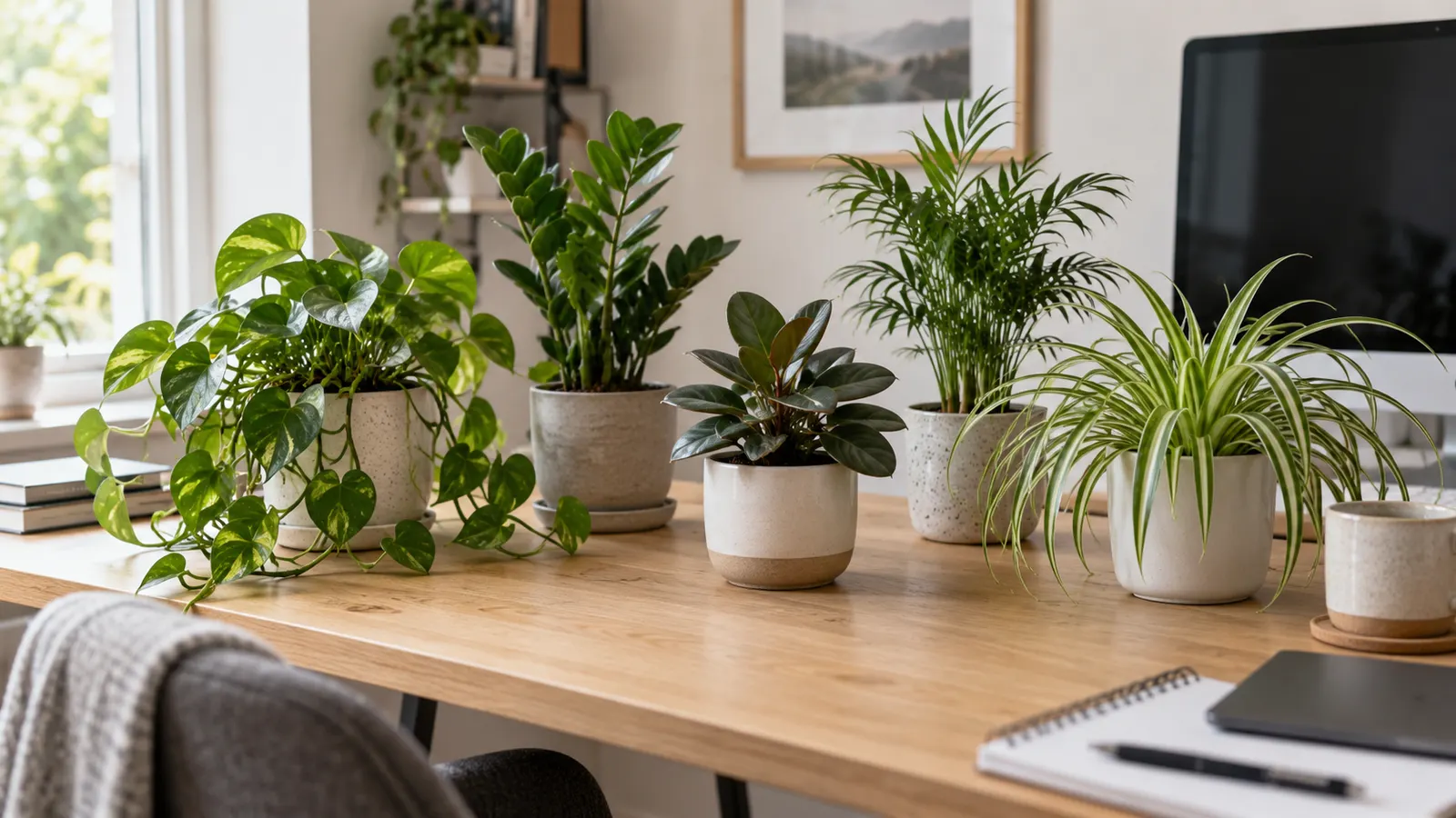 Five common desk plants in plain pots on a light-wood home-office desk