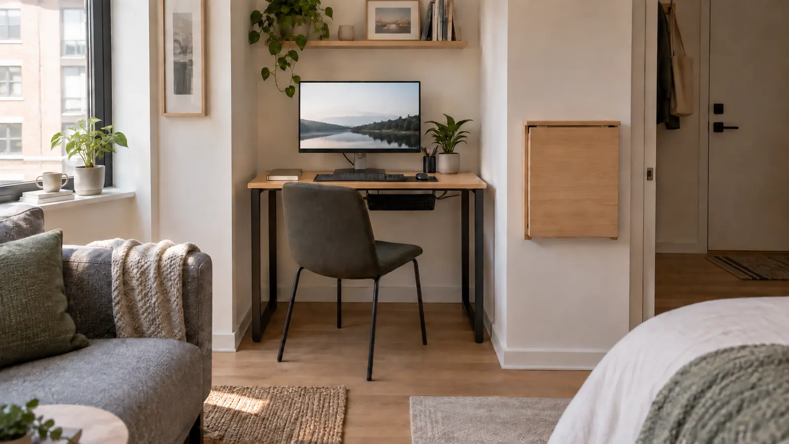 Compact unbranded desk in a small apartment alcove beside a closed fold-down wall surface