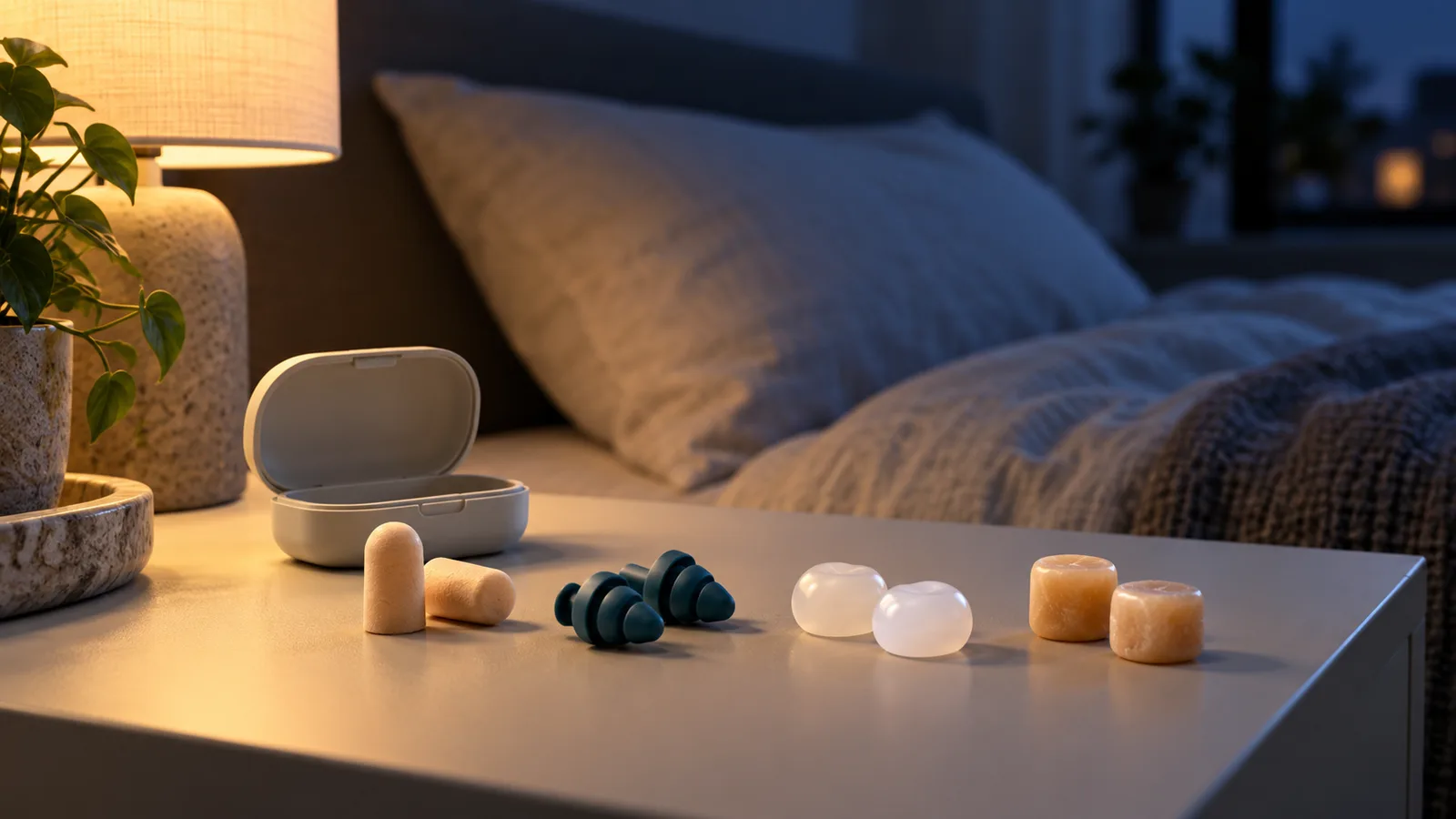 Generic foam, reusable silicone, moldable silicone, and wax earplugs on a bedside table