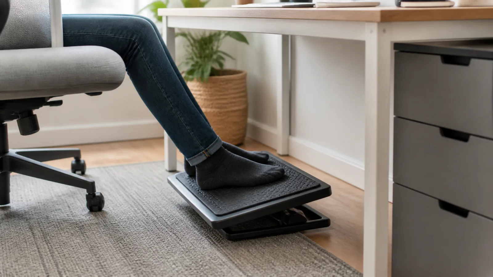 Socked feet resting on a generic adjustable footrest beneath a home-office desk