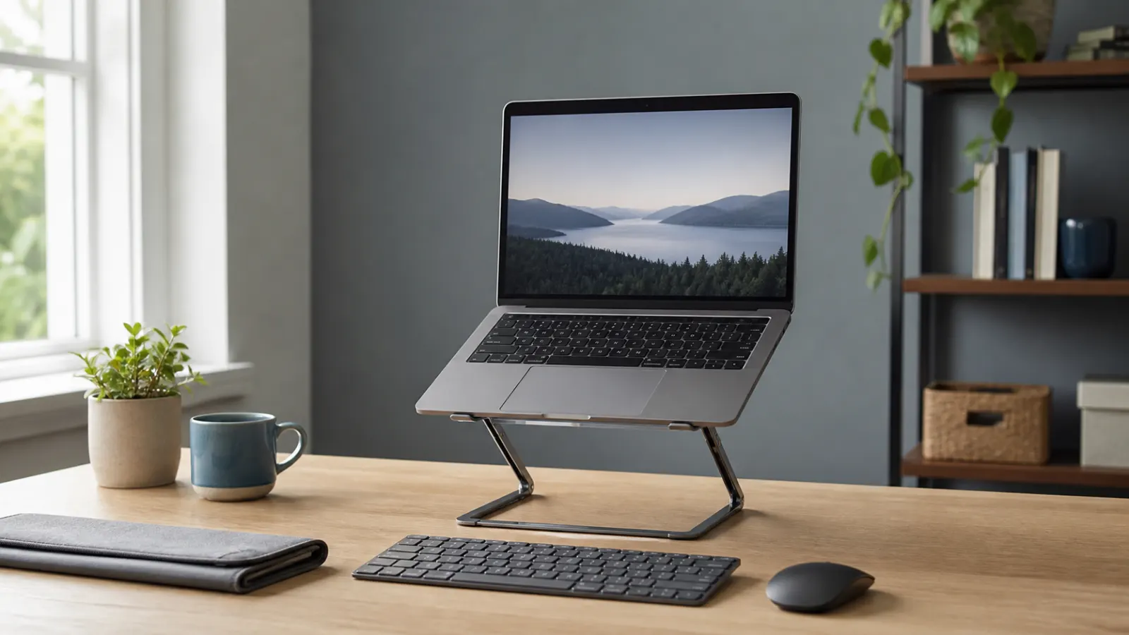 Generic laptop raised on an open-frame stand with a separate keyboard and mouse at a home desk