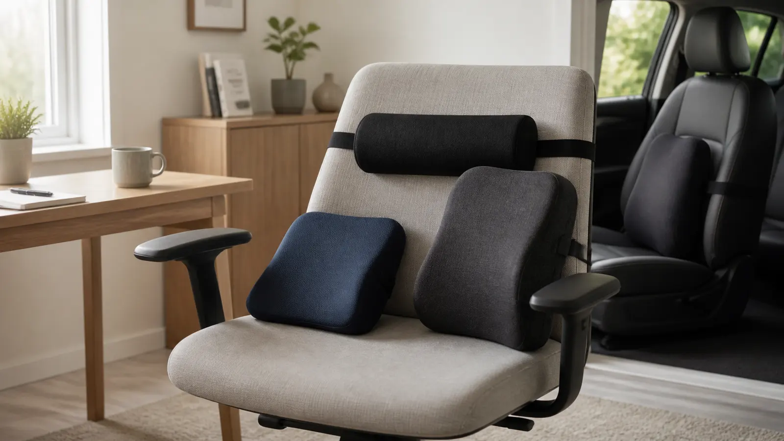 Generic lumbar roll and contoured back cushions arranged on an office chair beside a car seat