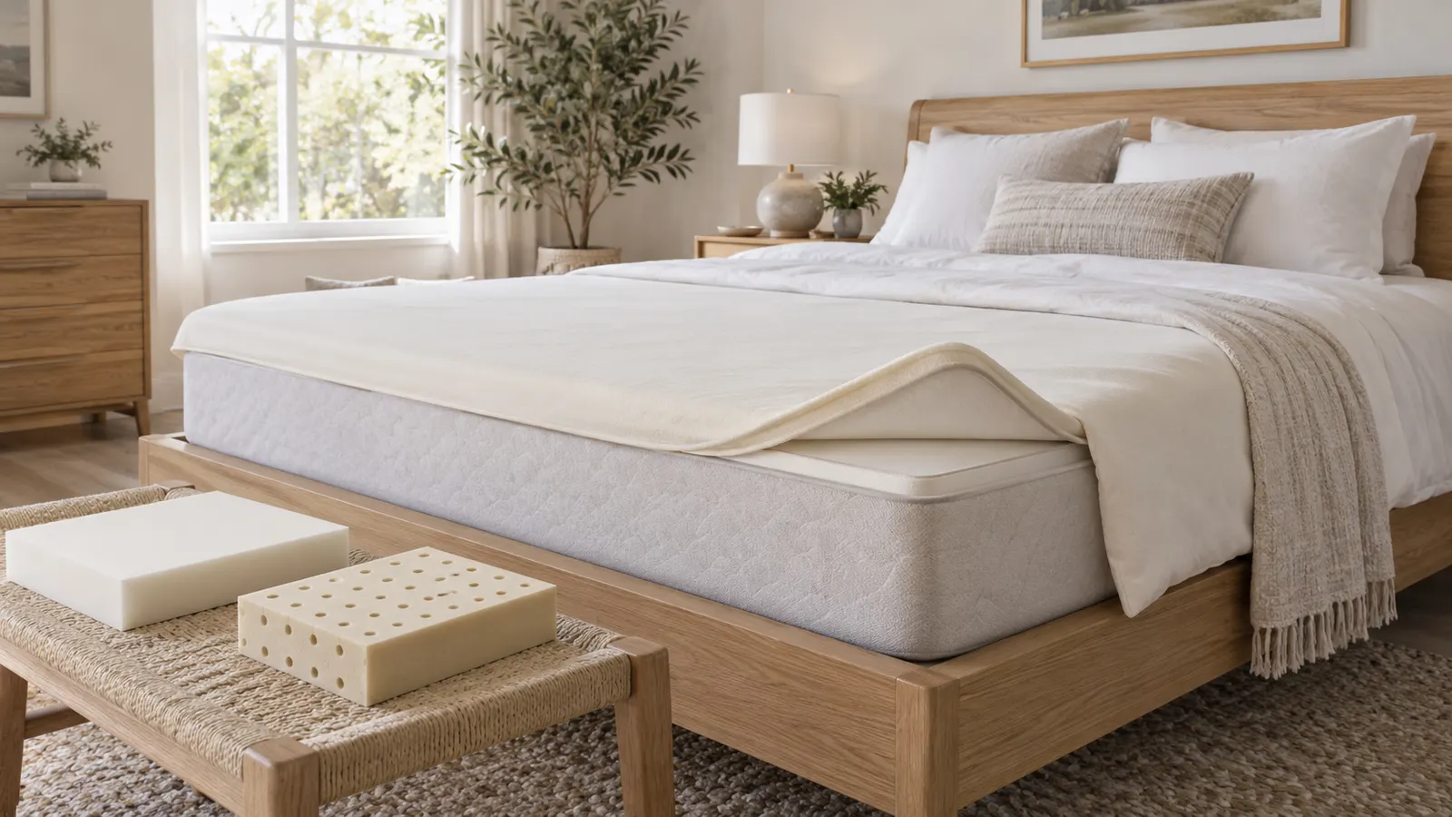 Generic removable mattress topper and unbranded foam and latex samples in a neutral bedroom