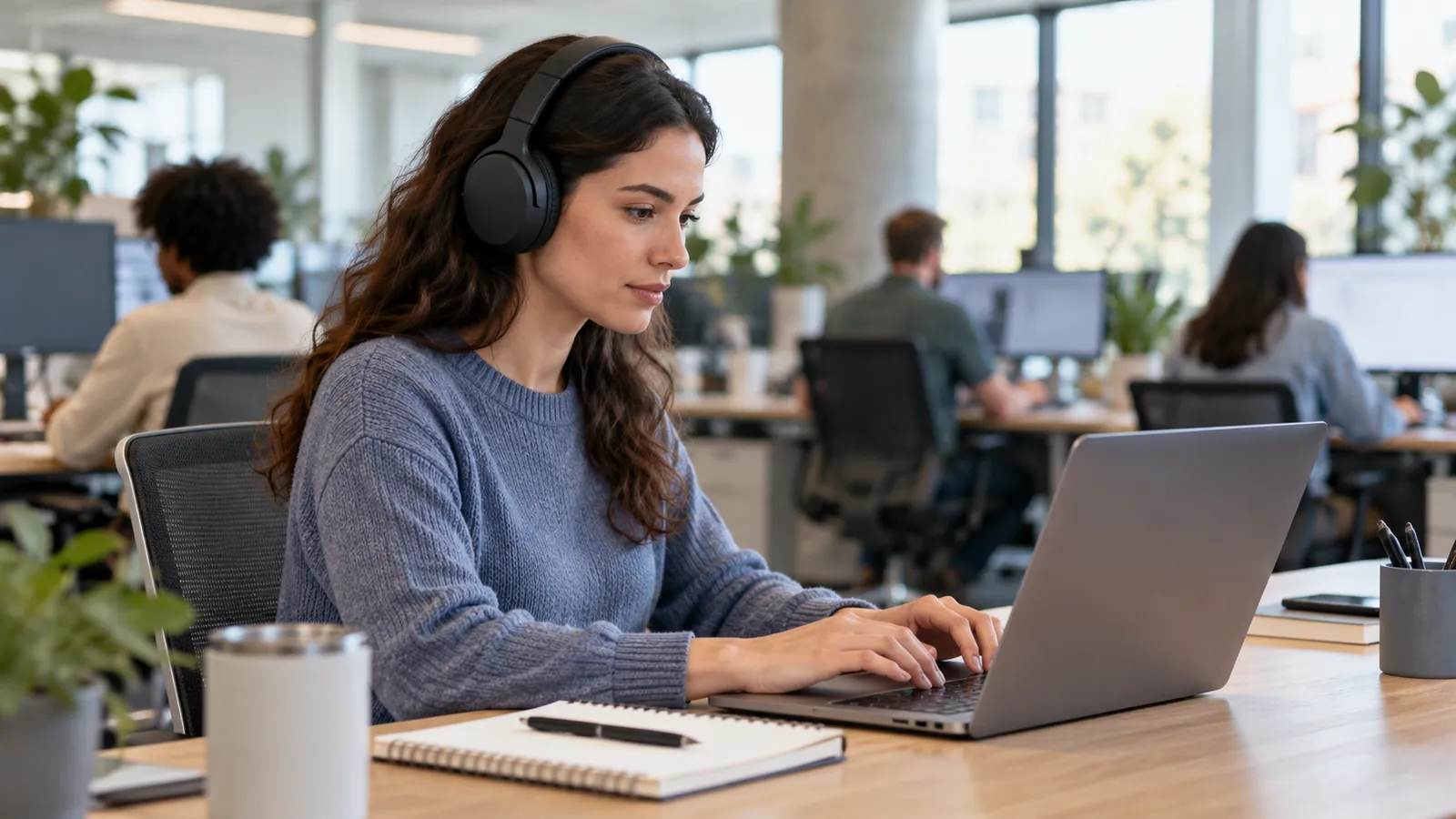 Office worker wearing unbranded over-ear headphones while coworkers sit nearby