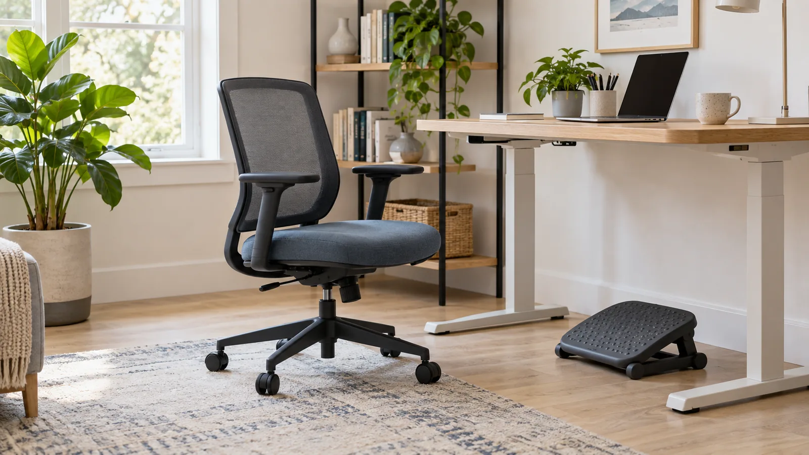 Generic compact office chair lowered beside an adjustable desk and footrest in a bright home office
