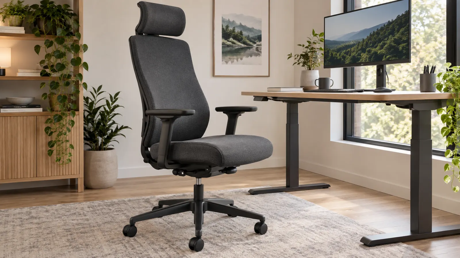 Generic high-back office chair with headrest beside a height-adjustable desk in a bright home office