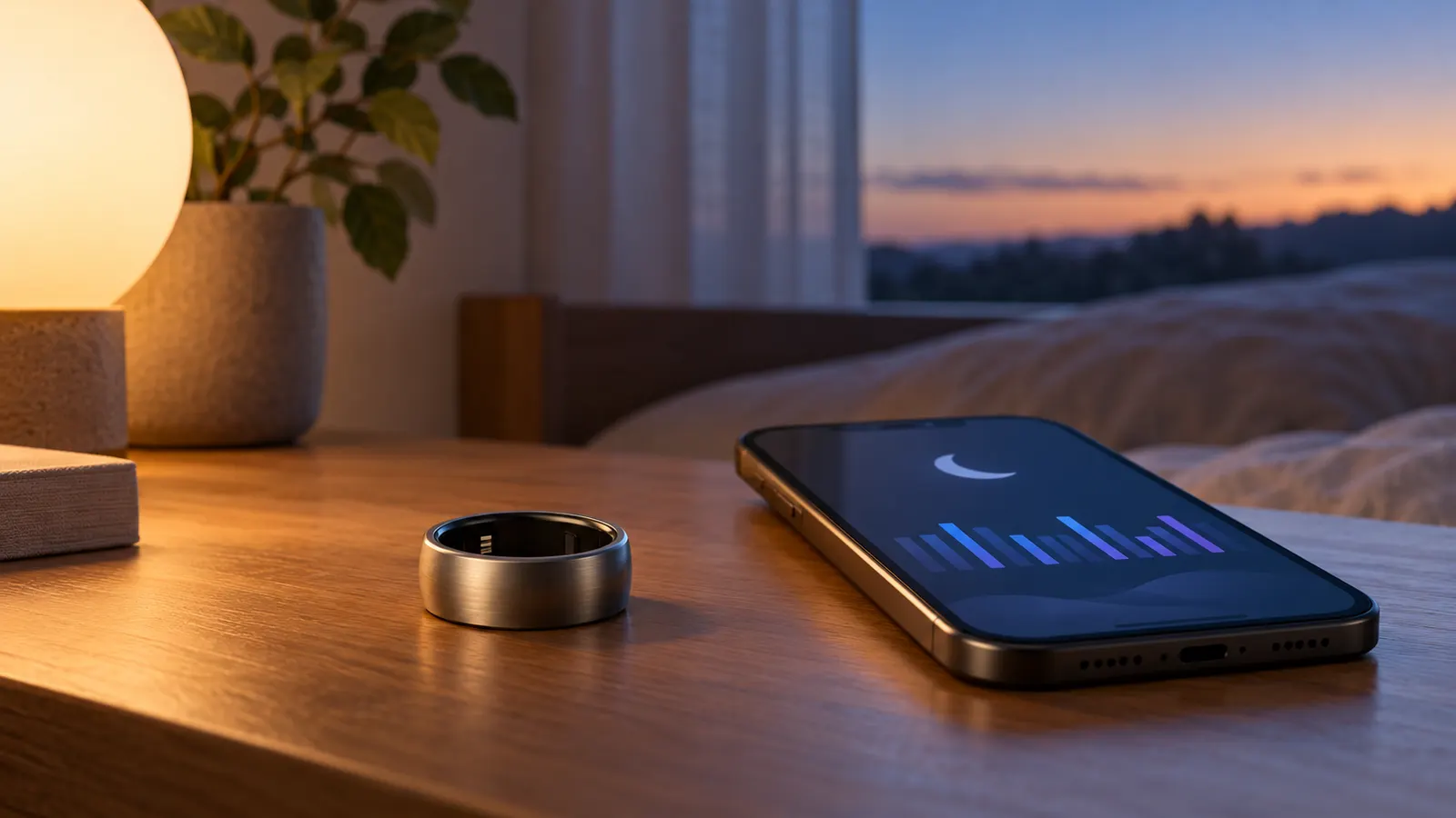 Generic sleep tracker ring beside an unbranded phone showing abstract sleep bars at dawn