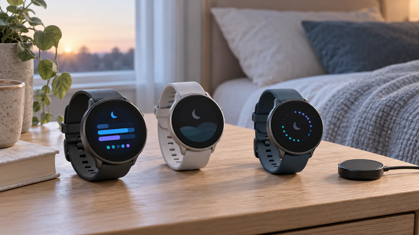 Three generic unbranded sleep tracker watches and a charging puck on a bedside table at dawn