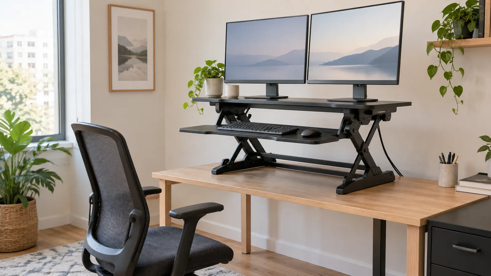 Generic desktop standing desk converter raised above a fixed wood desk with two unbranded monitors
