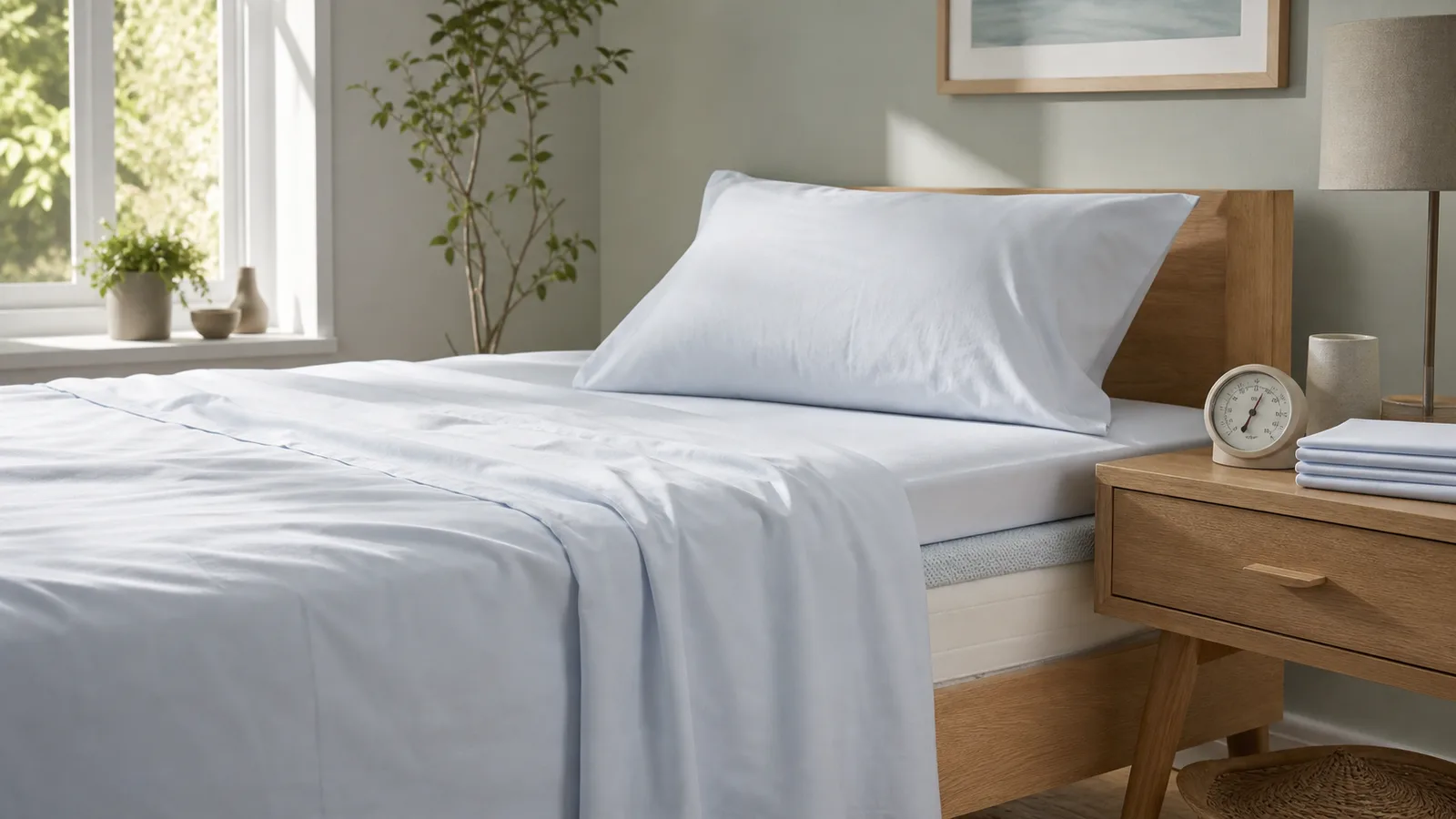 Summer bed made with crisp sheets, a breathable pillow, and a cooling mattress pad