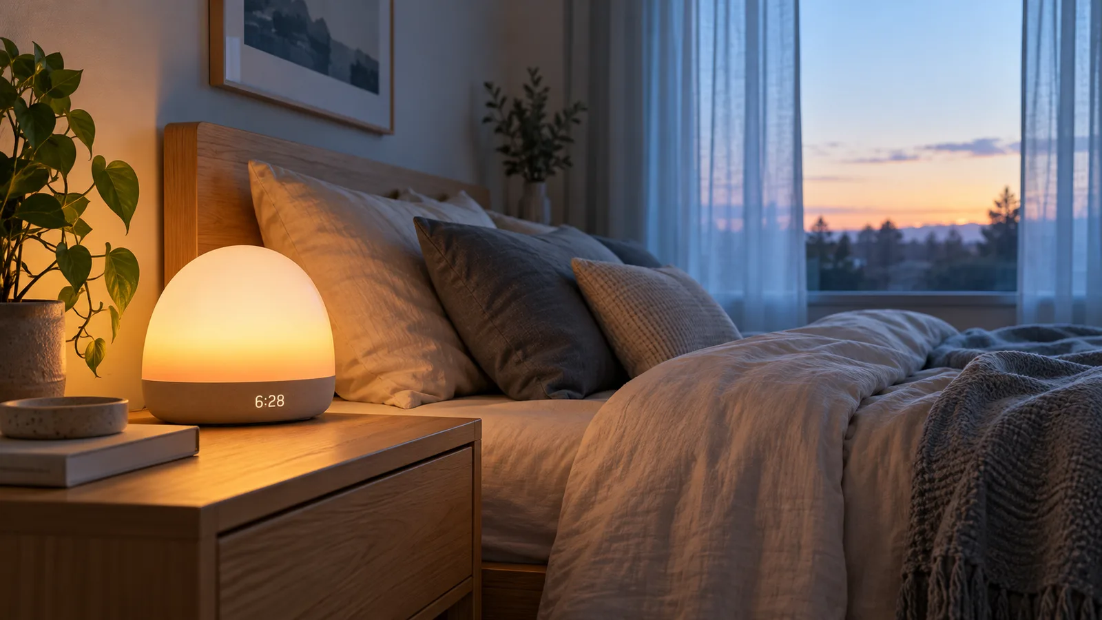 Generic sunrise alarm clock glowing on a bedside table at dawn