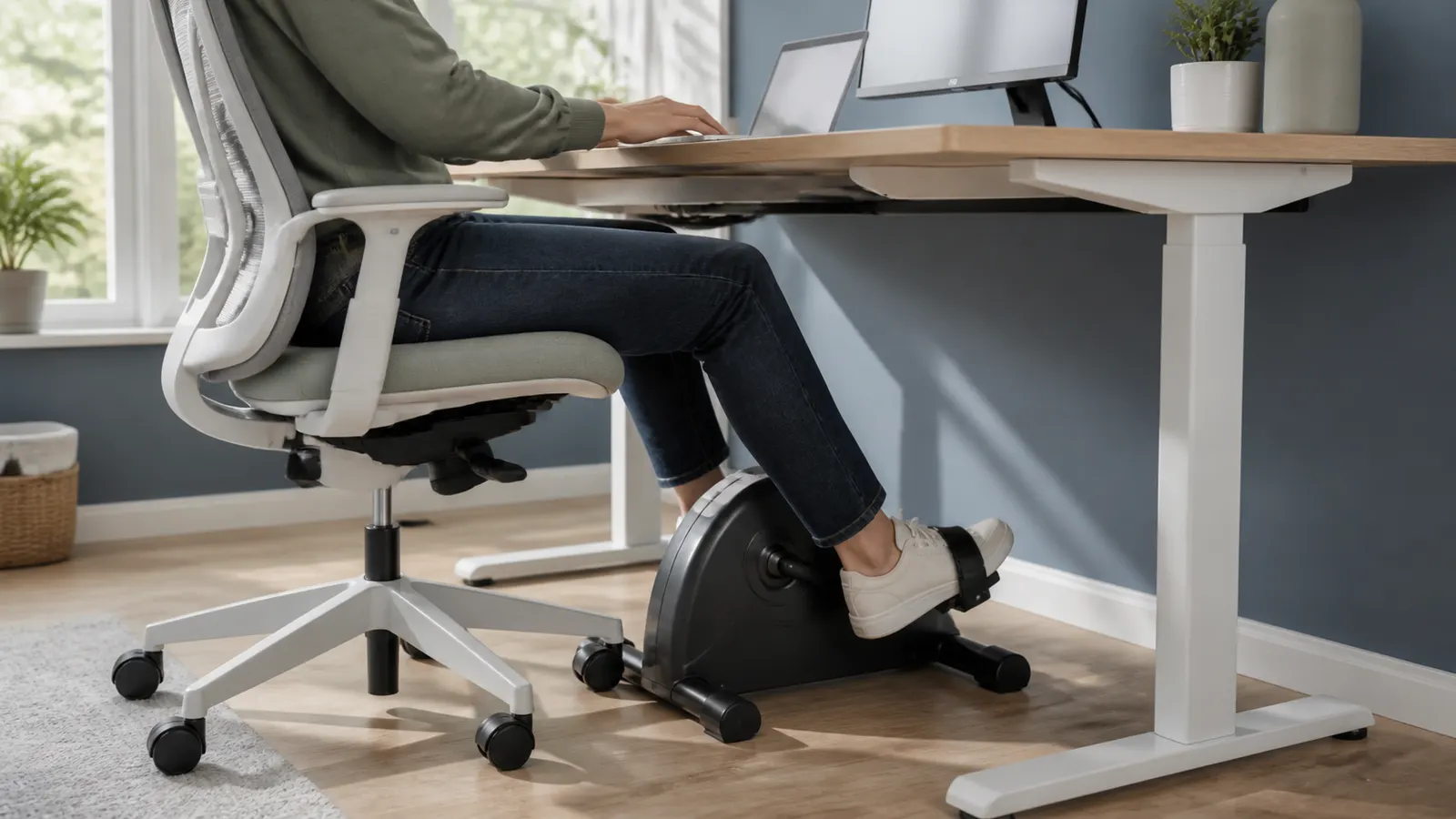 Generic under-desk pedal exerciser beneath a home-office desk with clear knee room