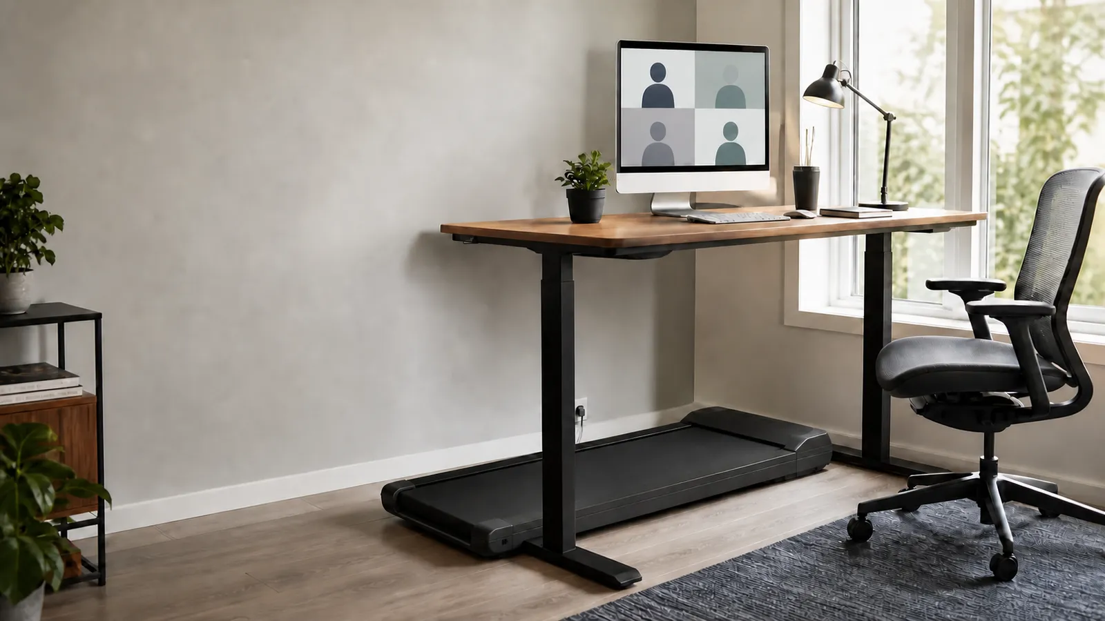 Generic unbranded walking pad beneath a standing desk in a home office set up for video calls