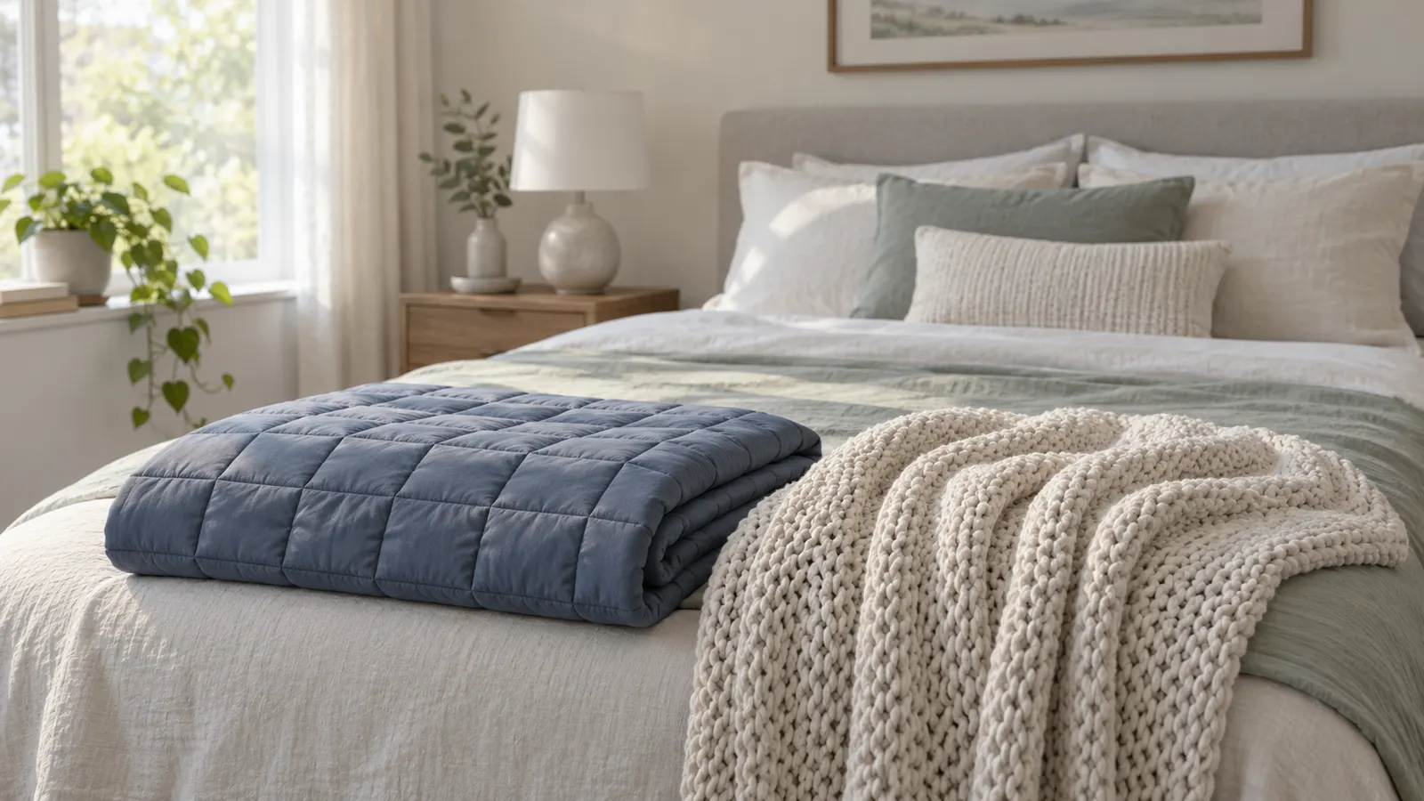 Generic quilted and open-knit weighted blankets arranged on a neutral bed