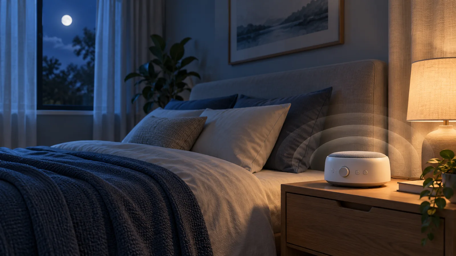 Generic white noise machine on a bedside table in a softly lit bedroom at night