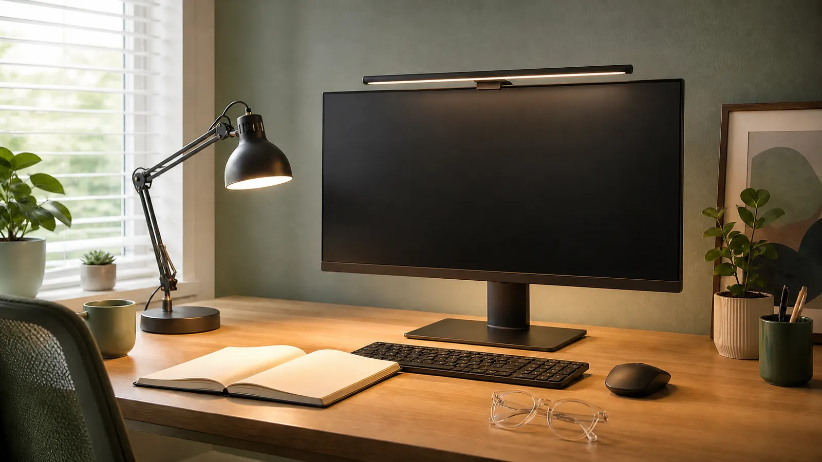 Unbranded monitor, light bar, task lamp, notebook, and clear glasses arranged to control glare