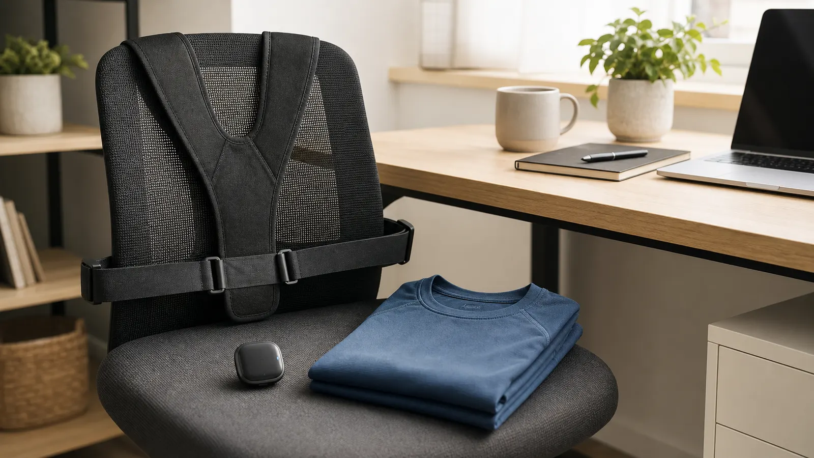 Generic posture reminder strap, wearable sensor, and compression shirt in a home office