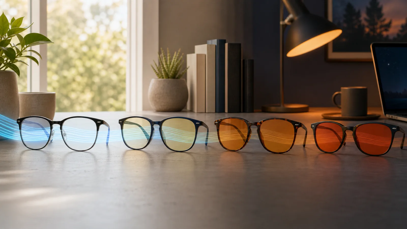 Clear, yellow, amber, and orange glasses across a desk that changes from daylight to evening
